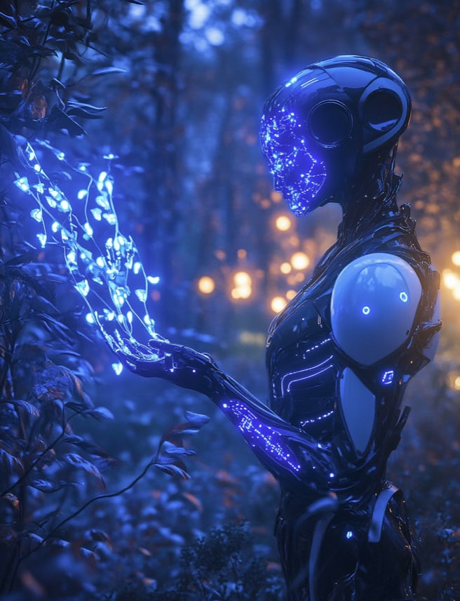 Una figura umanoide luminosa sfiora foglie che si accendono di blu in un bosco al crepuscolo