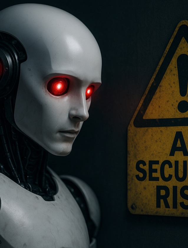 Illustrazione: un robot umanoide dal volto pallido con gli occhi rossi accesi, accanto a un cartello di pericolo giallo con la scritta «AI Security Risk»