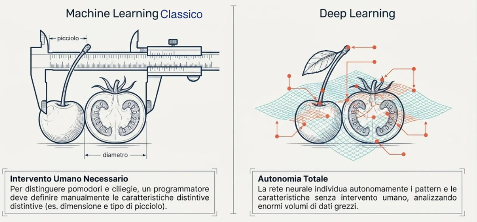 Confronto fra machine learning classico e deep learning. A sinistra un calibro misura a mano un pomodoro e una ciliegia: le caratteristiche distintive le definisce una persona. A destra una rete neurale avvolge gli stessi frutti e individua le caratteristiche da sola, analizzando grandi quantità di dati grezzi.