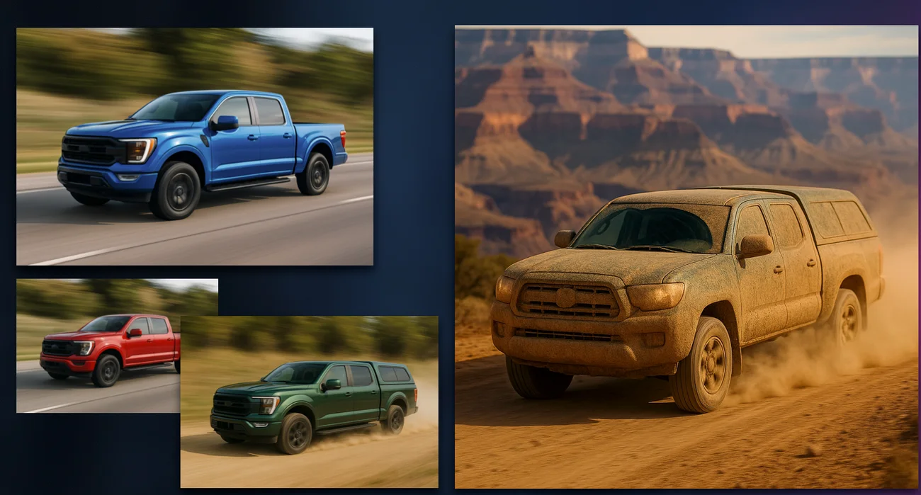 Le immagini generate dalle cinque varianti del prompt: un pickup blu, uno rosso, uno verde con hard top, e lo stesso pickup impolverato davanti al Grand Canyon.