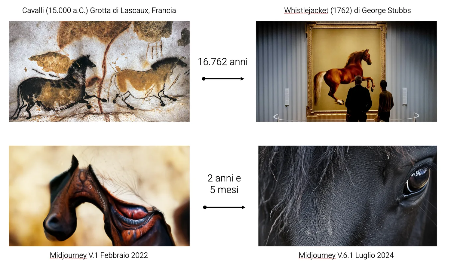 Confronto in quattro immagini. In alto i cavalli dipinti nella grotta di Lascaux, circa 15.000 a.C., e il «Whistlejacket» di George Stubbs del 1762, separati da 16.762 anni. In basso un cavallo generato da Midjourney V.1 nel febbraio 2022 e uno da Midjourney V.6.1 nel luglio 2024, separati da 2 anni e 5 mesi.